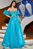 Blue A-Line Off The Shoulder Corset Beaded Prom Dress with Accessory