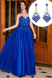 Royal Blue A-Line Sweetheart Long Beaded Prom Dress with Accessory