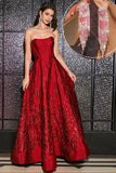 Princess A-Line Strapless Dark Red Corset Long Prom Dress with Accessory