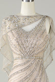 Sparkly Champagne Beaded Mermaid Long Prom Dress with Wrap