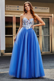 Royal Blue A-Line Sweetheart Broken Mirrors Strapless Corset Long Prom Dress