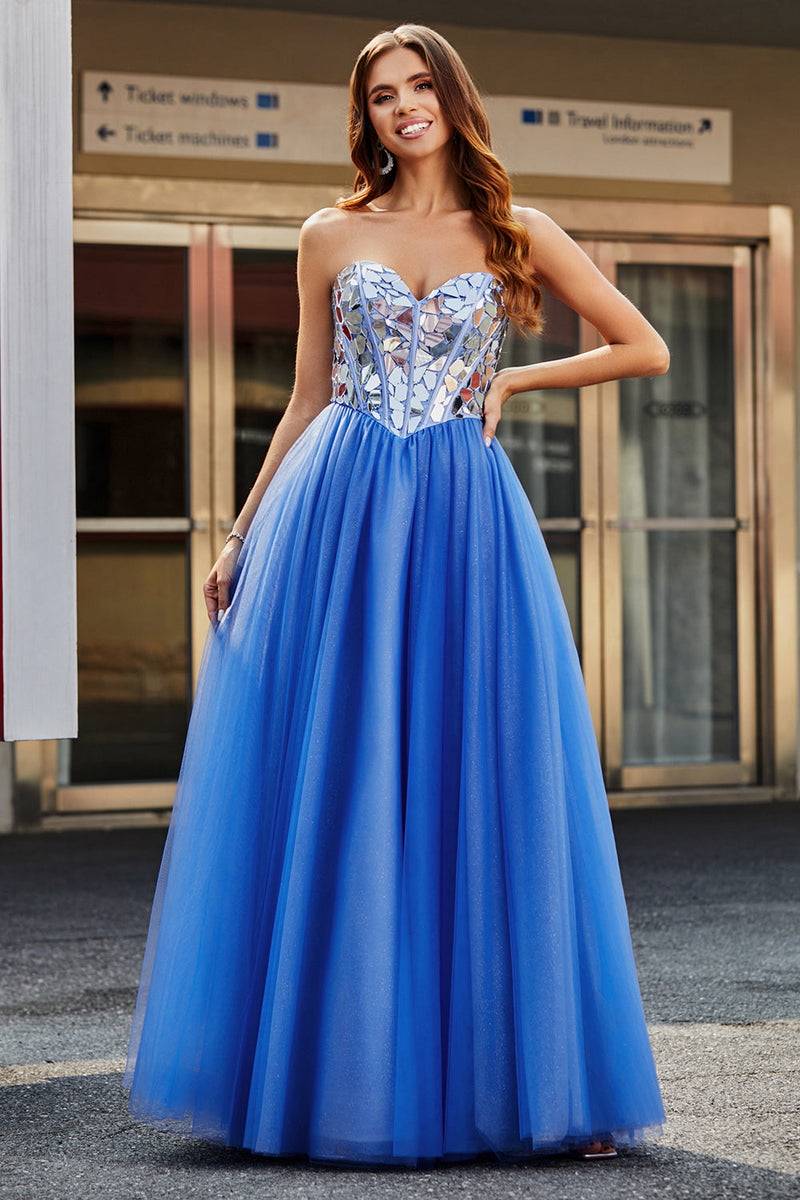 Load image into Gallery viewer, Royal Blue A-Line Sweetheart Broken Mirrors Strapless Corset Long Prom Dress