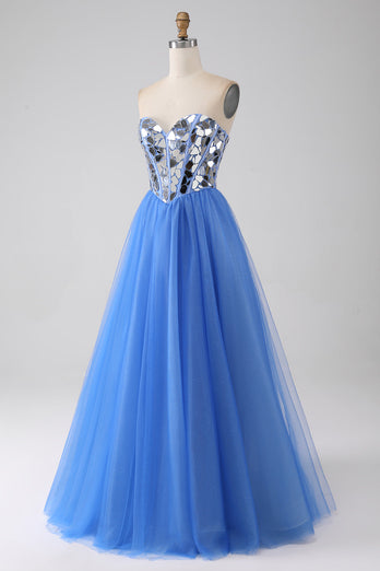 A-Line Sweetheart Mirror Royal Blue Prom Dress