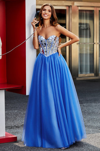 Royal Blue A-Line Sweetheart Broken Mirrors Strapless Corset Long Prom Dress