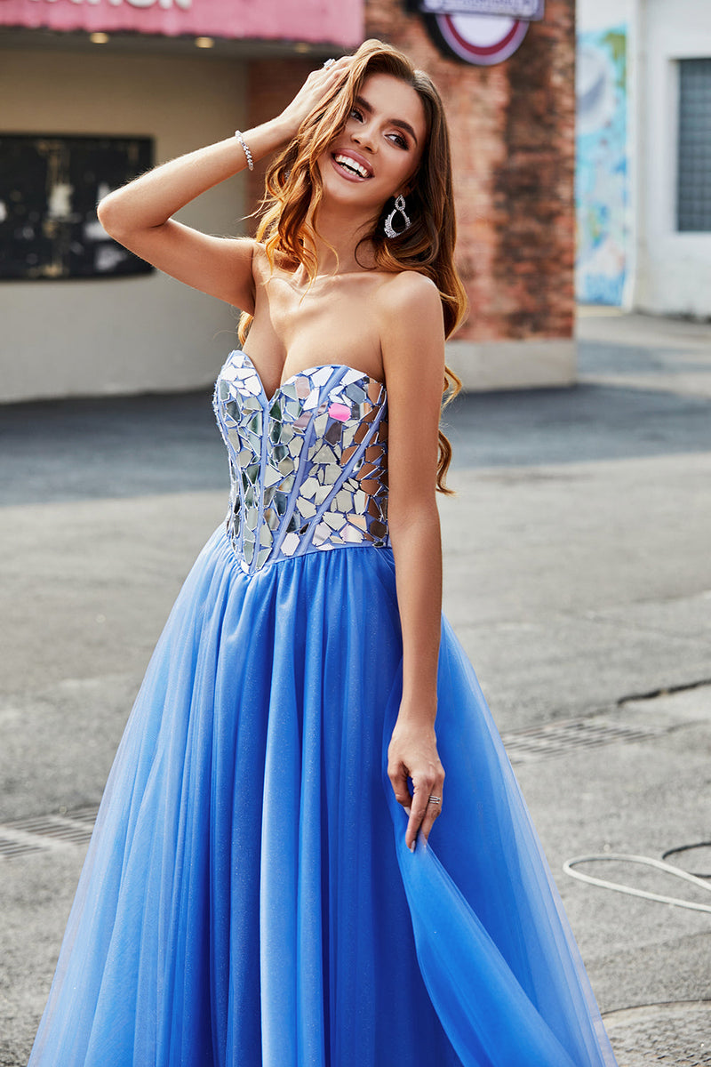 Zapaka Women Corset Blue Strapless A Line Prom Dress with Slit Sequins  Sparkly Party Dress