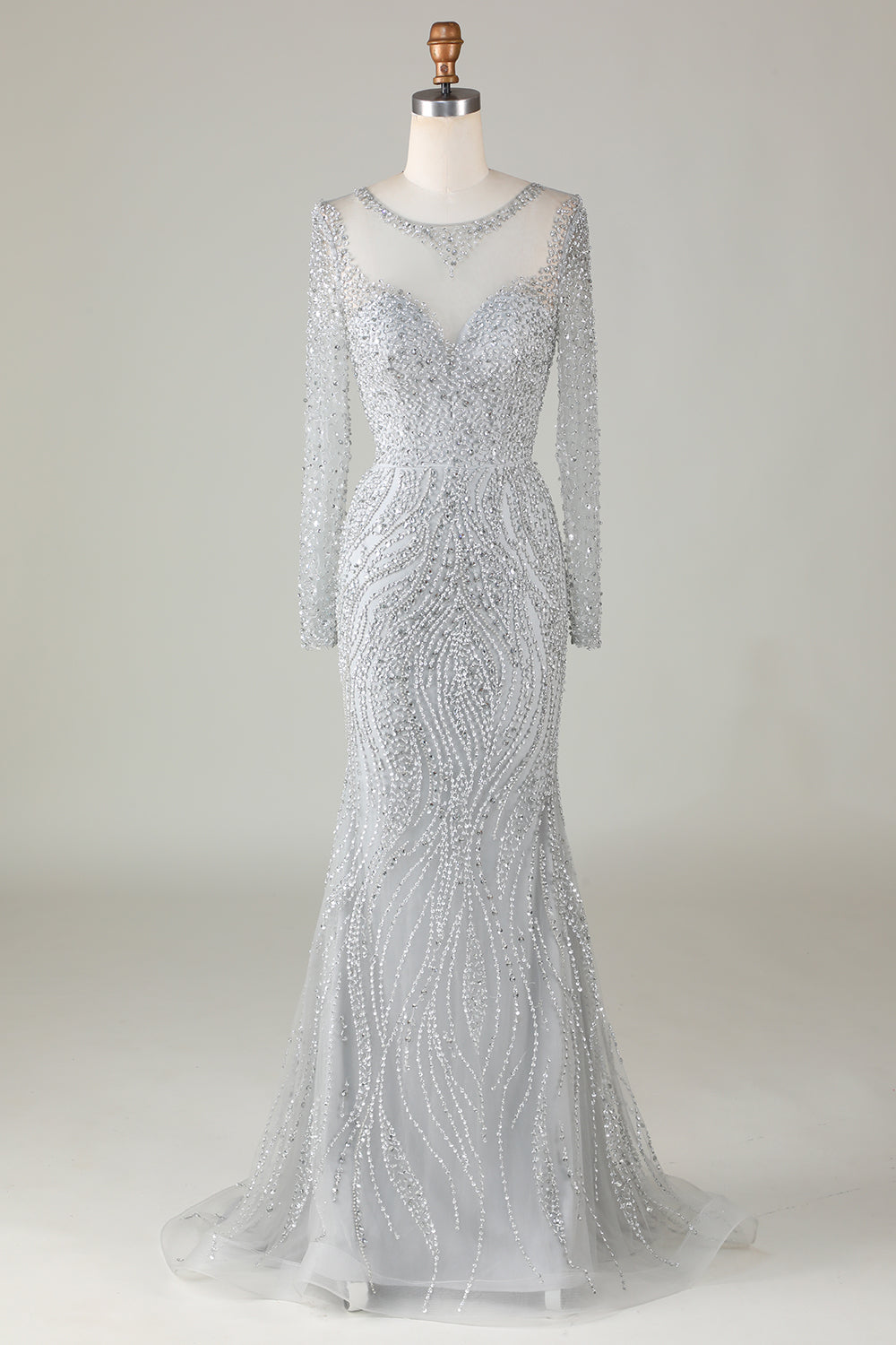 Gorgeous Sparkly Grey Beaded Mermaid Long Prom Dress