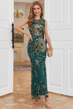 Sheath Round Neck Dark Green Beaded Formal Evening Party Dress