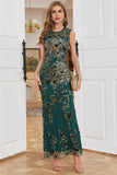 Sheath Round Neck Dark Green Beaded Formal Evening Party Dress