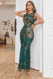 Sheath Round Neck Dark Green Beaded Formal Evening Party Dress