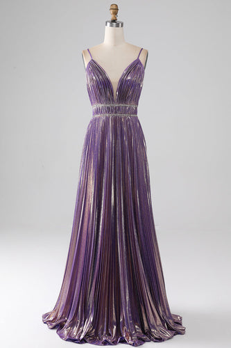 Glitter Purple A-Line Spaghetti Straps Pleated Prom Dress