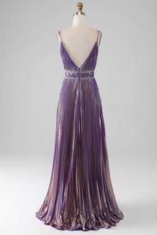 Glitter Purple A-Line Spaghetti Straps Pleated Prom Dress