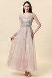 Sparkly Blush Beaded A-Line Tulle Formal Dress