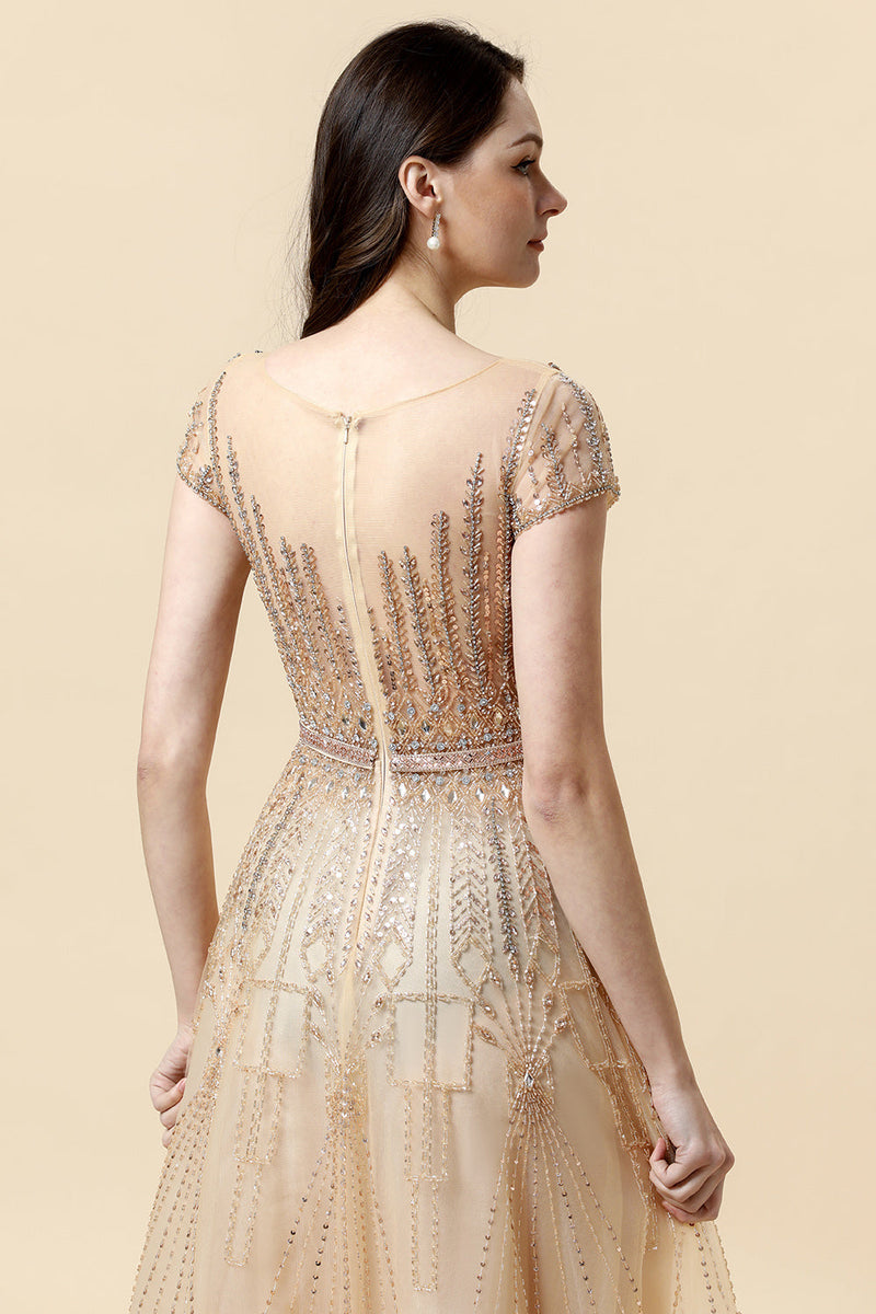 Load image into Gallery viewer, A Line Round Neck Golden Beaded Floor Length Formal Dress