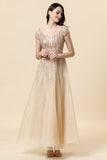 A Line Round Neck Golden Beaded Floor Length Formal Dress