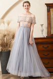 Grey Tulle A Line Beaded Glitter Mother of the Bride Dress