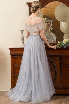 Grey Tulle A Line Beaded Glitter Mother of the Bride Dress
