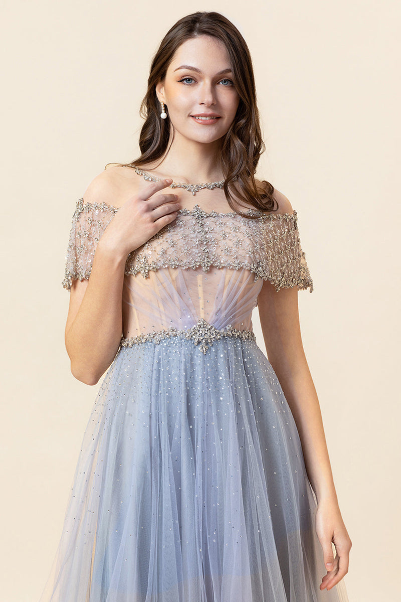 Load image into Gallery viewer, Sparkly Grey Beaded Long Tulle Prom Dress