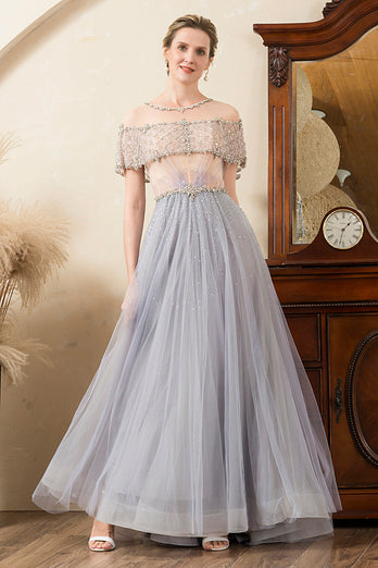 Grey Tulle A Line Beaded Glitter Mother of the Bride Dress