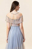 Sparkly Grey Beaded Long Tulle Prom Dress