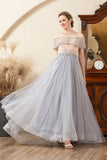 Grey Tulle A Line Beaded Glitter Mother of the Bride Dress