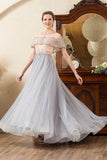 Grey Tulle A Line Beaded Glitter Mother of the Bride Dress