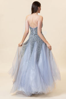 Sparkly Grey Beaded Tulle Sweetheart Long Prom Dress