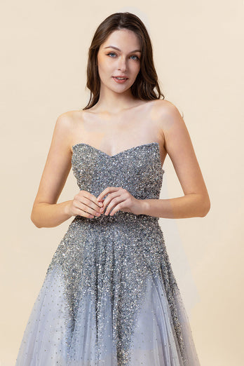 Sparkly Grey Beaded Tulle Sweetheart Long Prom Dress