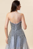 Sparkly Grey Beaded Tulle Sweetheart Long Prom Dress