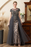 Grey A Line Tulle Beaded Glitter Mother of the Bride Dress