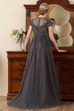 Grey A Line Tulle Beaded Glitter Mother of the Bride Dress