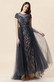 Sparkly Dark Grey Beaded Long Prom Dress