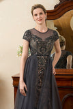 Grey A Line Tulle Beaded Glitter Mother of the Bride Dress