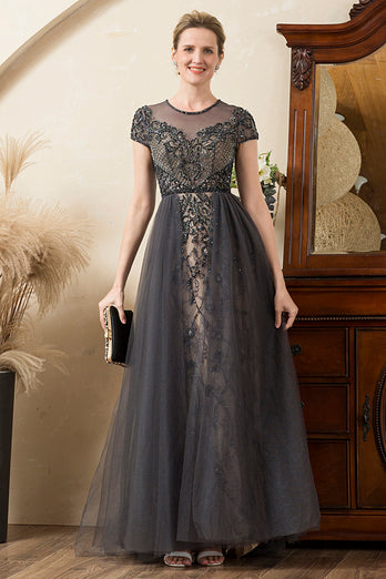 Grey A Line Tulle Beaded Glitter Mother of the Bride Dress