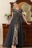 Grey A Line Tulle Beaded Glitter Mother of the Bride Dress