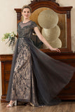 Grey A Line Tulle Beaded Glitter Mother of the Bride Dress