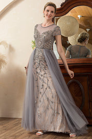 Grey A Line Tulle Beaded Glitter Mother of the Bride Dress