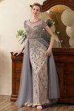 Grey A Line Tulle Beaded Glitter Mother of the Bride Dress