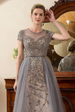 Grey A Line Tulle Beaded Glitter Mother of the Bride Dress