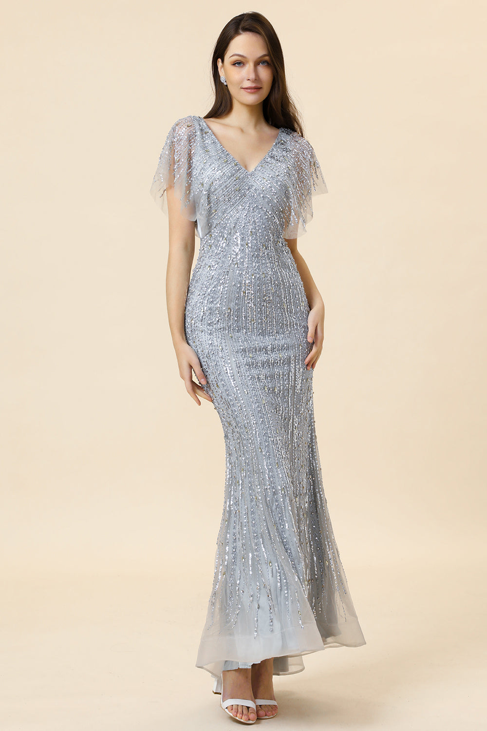Sparkly Grey Beaded Mermaid Long Evening Dress