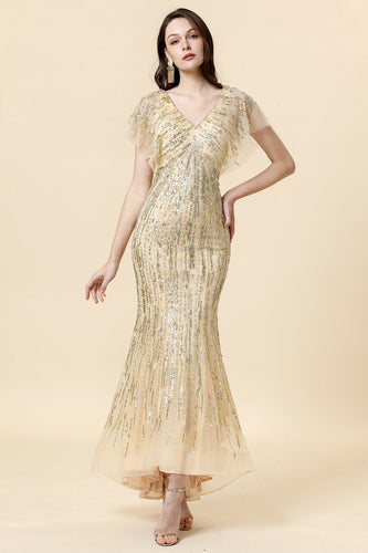 Mermaid V Neck Golden Beaded Long Formal Dress