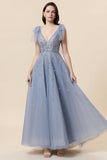 Sparkly Beaded Blue Long Tulle Prom Dress