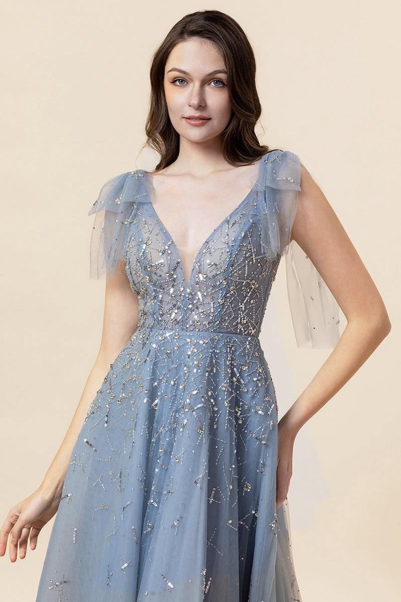 Load image into Gallery viewer, Sparkly Beaded Grey Long Tulle Prom Dress