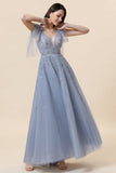 Sparkly Beaded Blue Long Tulle Prom Dress