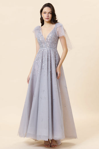 Sparkly Beaded Blue Long Tulle Prom Dress