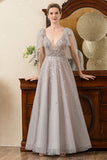 Grey A Line Beading Glitter Mother of the Bride Dress