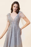 Sparkly Beaded Grey Long Tulle Prom Dress