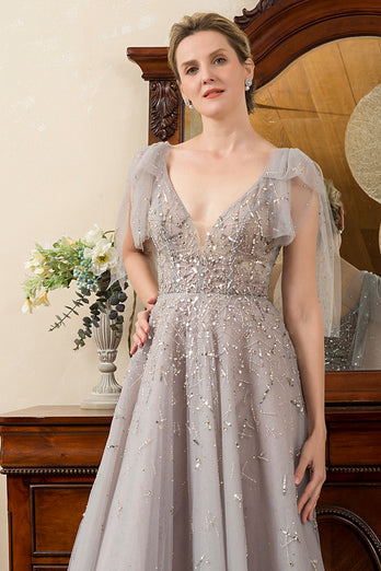 Grey A Line Beading Glitter Mother of the Bride Dress