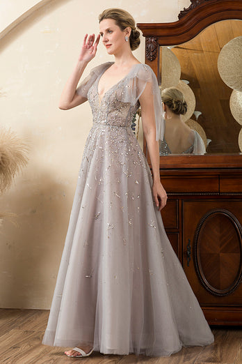 Grey A Line Beading Glitter Mother of the Bride Dress