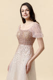 A Line Square Neck Blush Beading Long Formal Dress