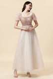 A Line Square Neck Blush Beading Long Formal Dress